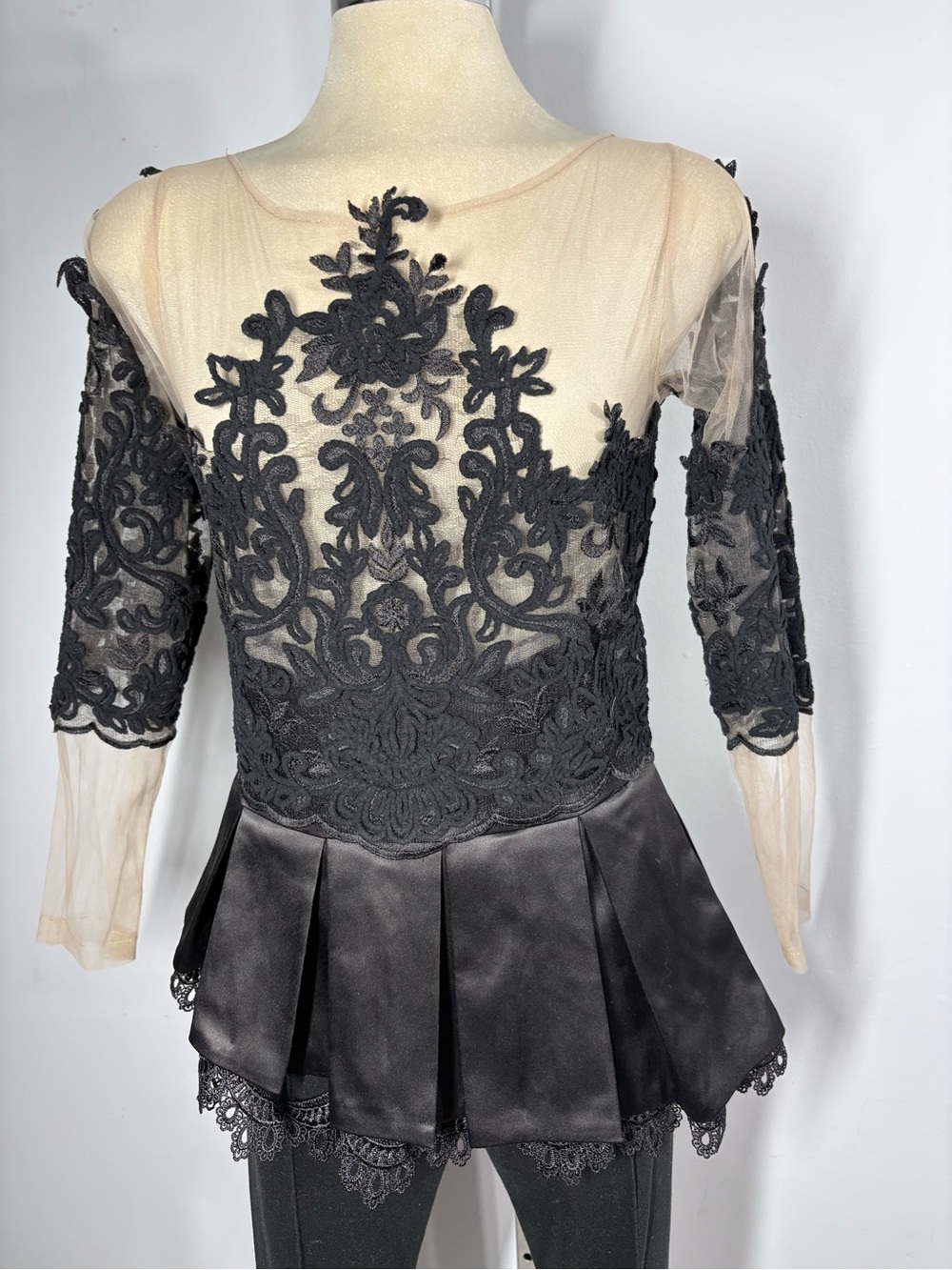 Black Lace Illusion Peplum Blouse - Picture 2 of 14